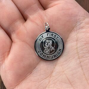 Vintage 925 Sterling Silver "My First Communion" Round Pendant Bracelet Charm